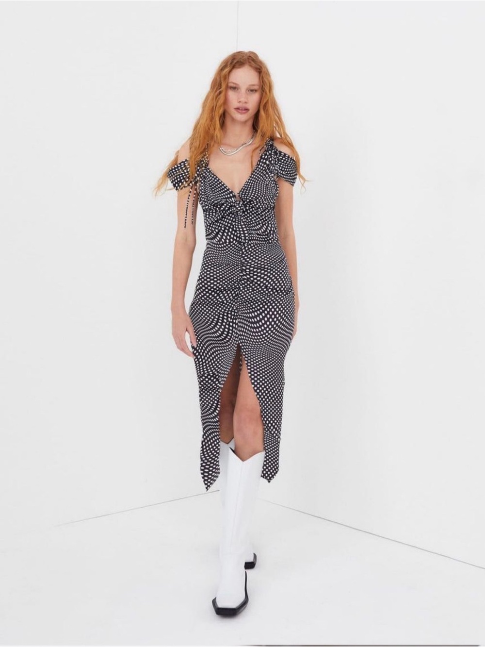 Black and White Polka Dot Cold-Shoulder Midi Dress